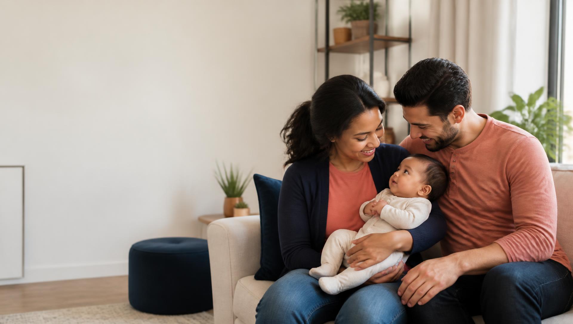 Parents holding their baby at home